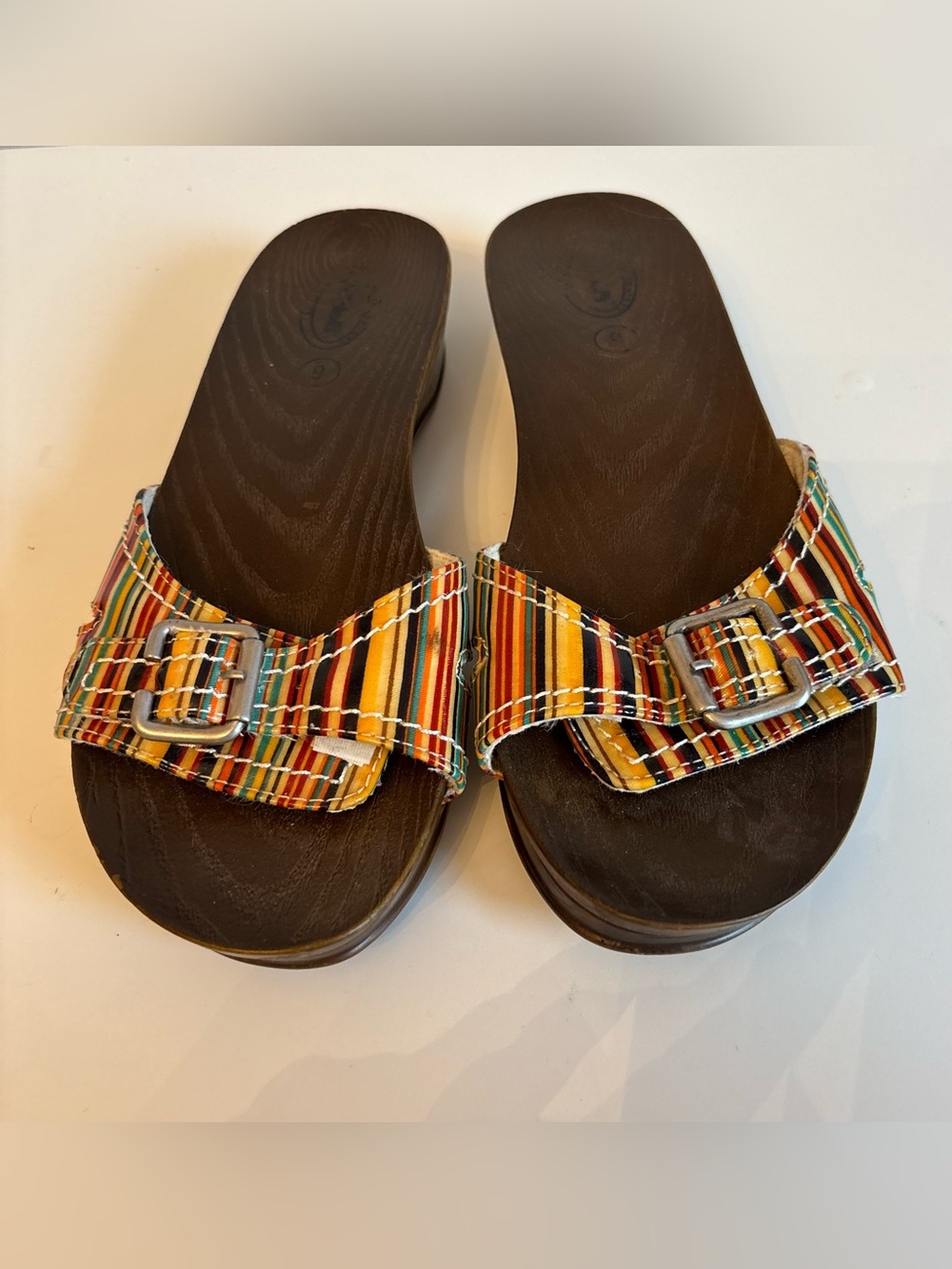 Dr. Scholl's Women's Slide Sandals Brown Multicolor Striped Buckle Summer Size 6